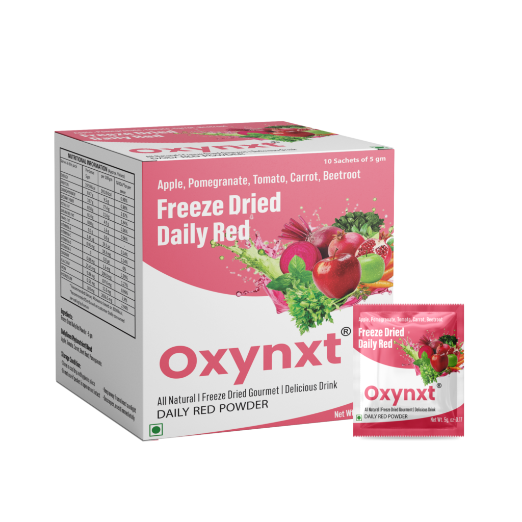 Oxynxt Freeze-Dried Daily Red Powder – 10 Count (50g) | Natural, Non-GMO, Gluten-Free, Vegan | Supports Energy, Endurance & Health | Ready-to-Mix Superfood Blend with Apple, Pomegranate, Tomato, Carrot & Beetroot