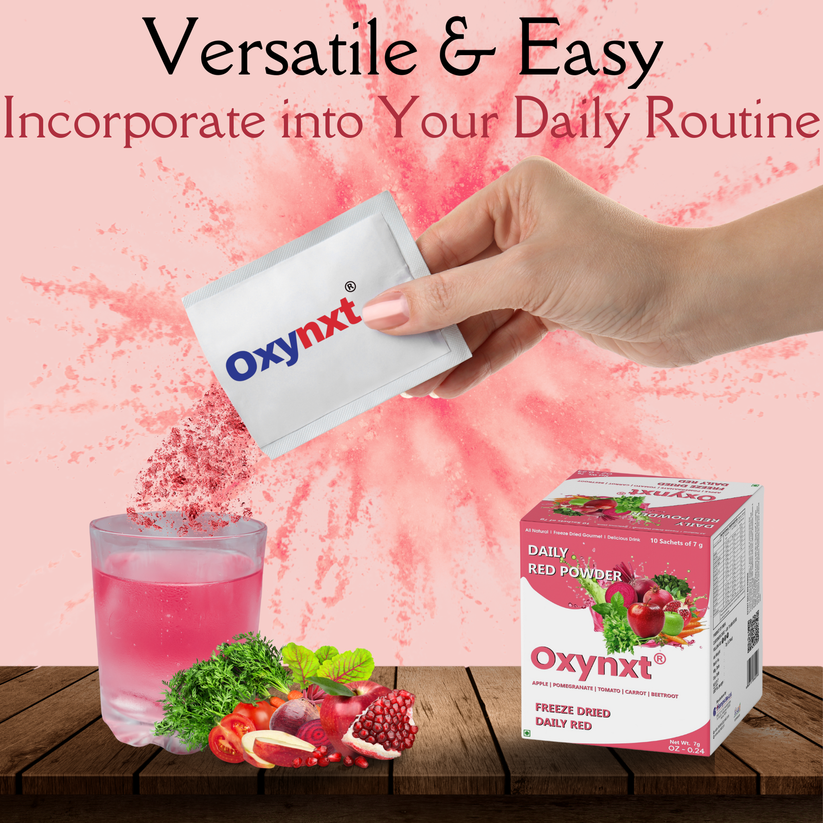 Oxynxt Freeze-Dried Daily Red Powder – 10 Count (50g) | Natural, Non-GMO, Gluten-Free, Vegan | Supports Energy, Endurance & Health | Ready-to-Mix Superfood Blend with Apple, Pomegranate, Tomato, Carrot & Beetroot - Image 4