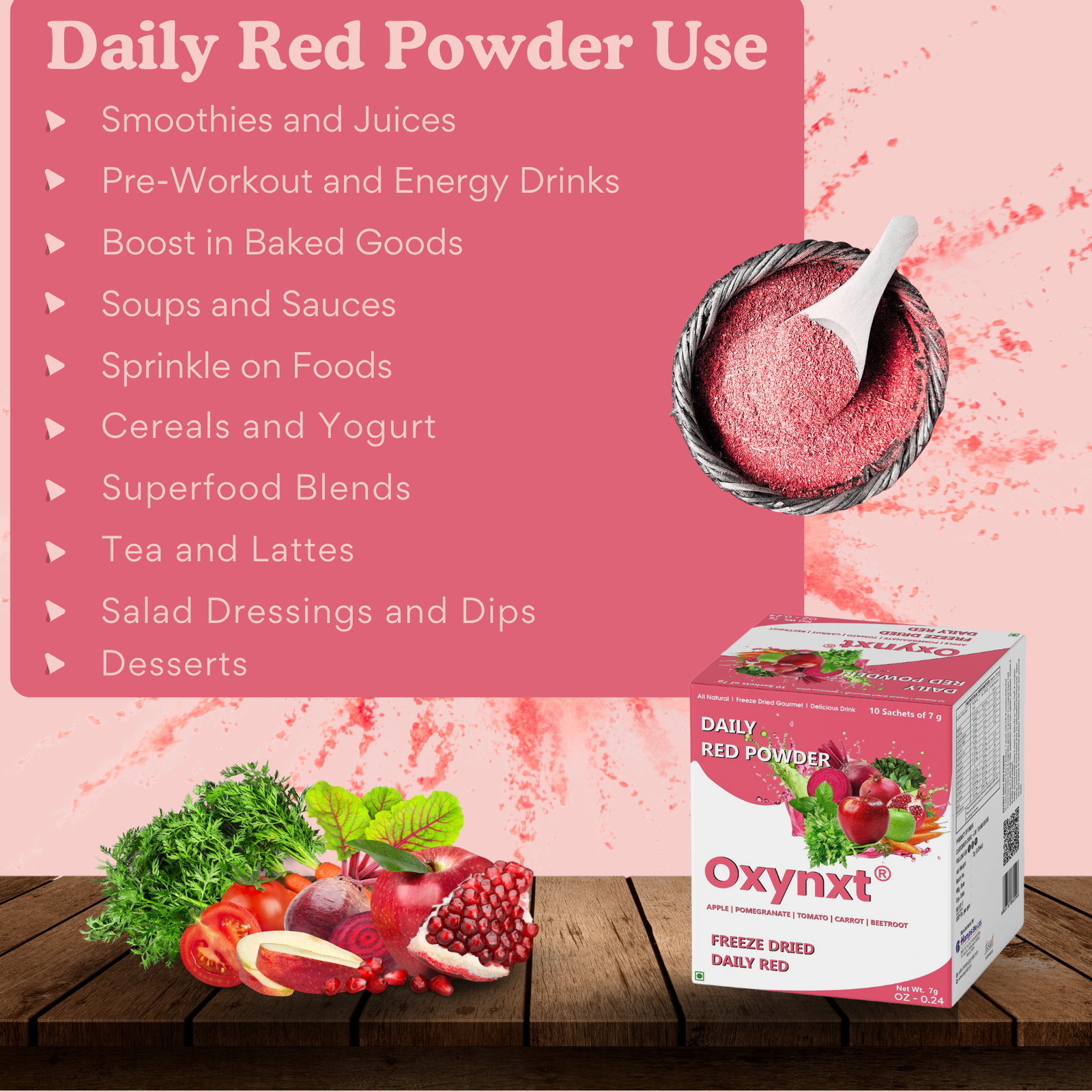 Oxynxt Freeze-Dried Daily Red Powder – 10 Count (50g) | Natural, Non-GMO, Gluten-Free, Vegan | Supports Energy, Endurance & Health | Ready-to-Mix Superfood Blend with Apple, Pomegranate, Tomato, Carrot & Beetroot - Image 7