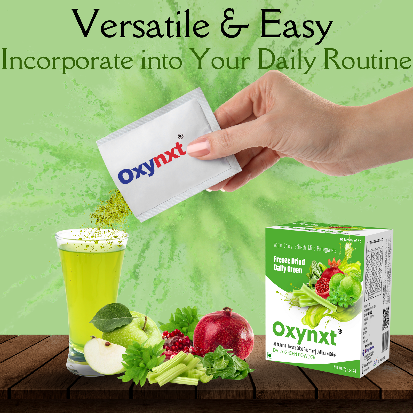 Oxynxt Freeze-Dried Daily Green Powder – 10 Count (50g) | Natural, Non-GMO, Gluten-Free, Vegan | Supports Energy, Endurance & Health | Ready-to-Mix Superfood Blend with Apple, Celery, Spinach, Mint & Pomegranate - Image 4