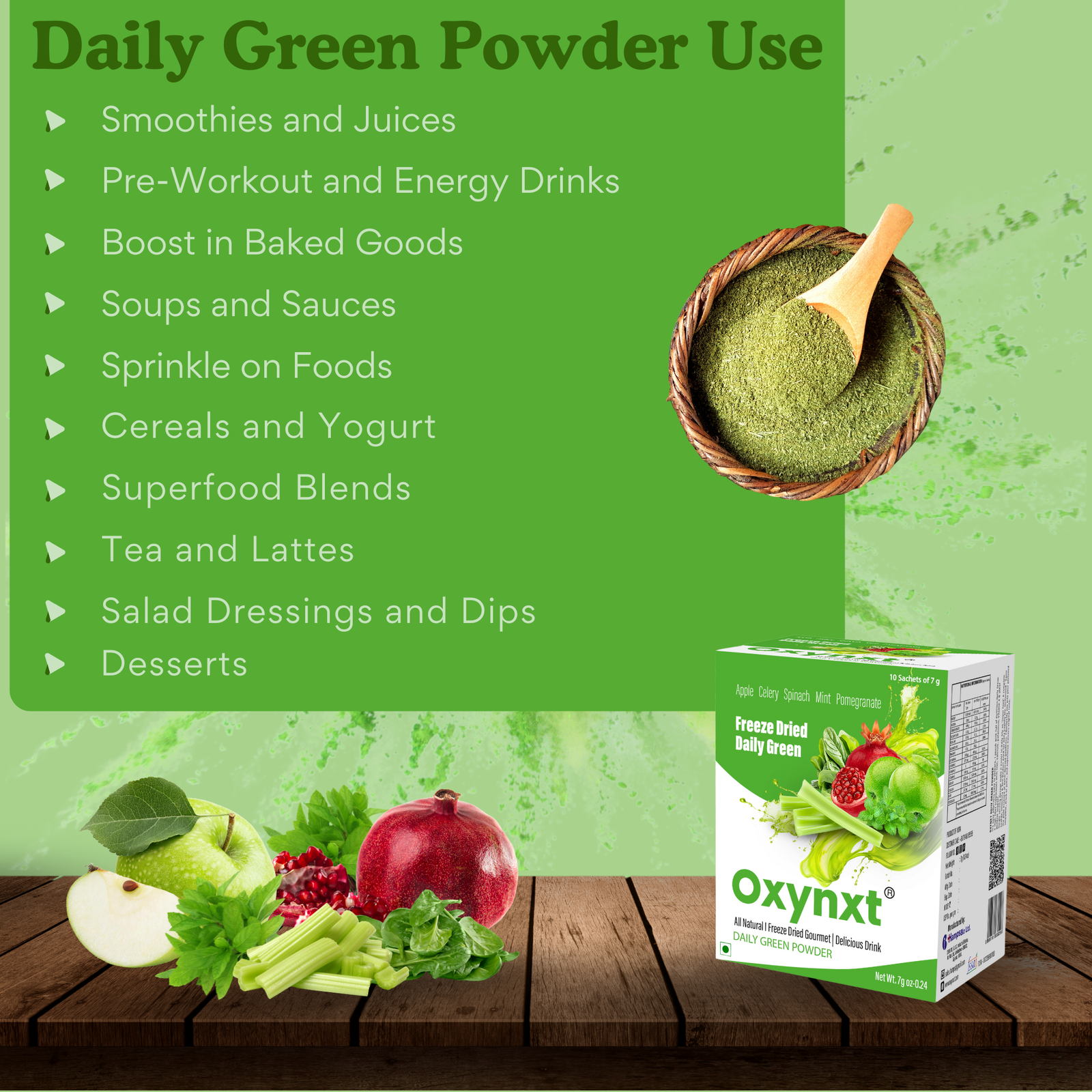 Oxynxt Freeze-Dried Daily Green Powder – 10 Count (50g) | Natural, Non-GMO, Gluten-Free, Vegan | Supports Energy, Endurance & Health | Ready-to-Mix Superfood Blend with Apple, Celery, Spinach, Mint & Pomegranate - Image 7