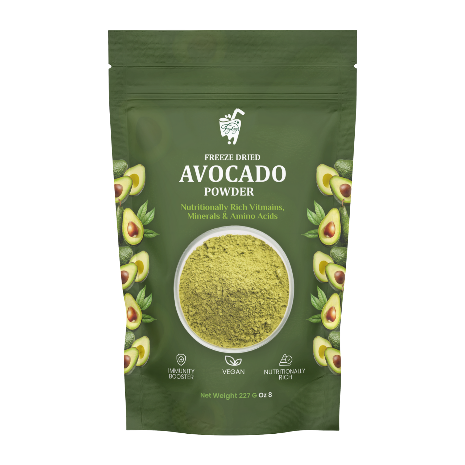FzyEzy Freeze-Dried Avocado Powder – 100% Natural, Non-GMO, Vegan, Gluten-Free Superfood | Healthy Fats & Fiber | Smoothies, Baking & Skincare | No Additives | 227g