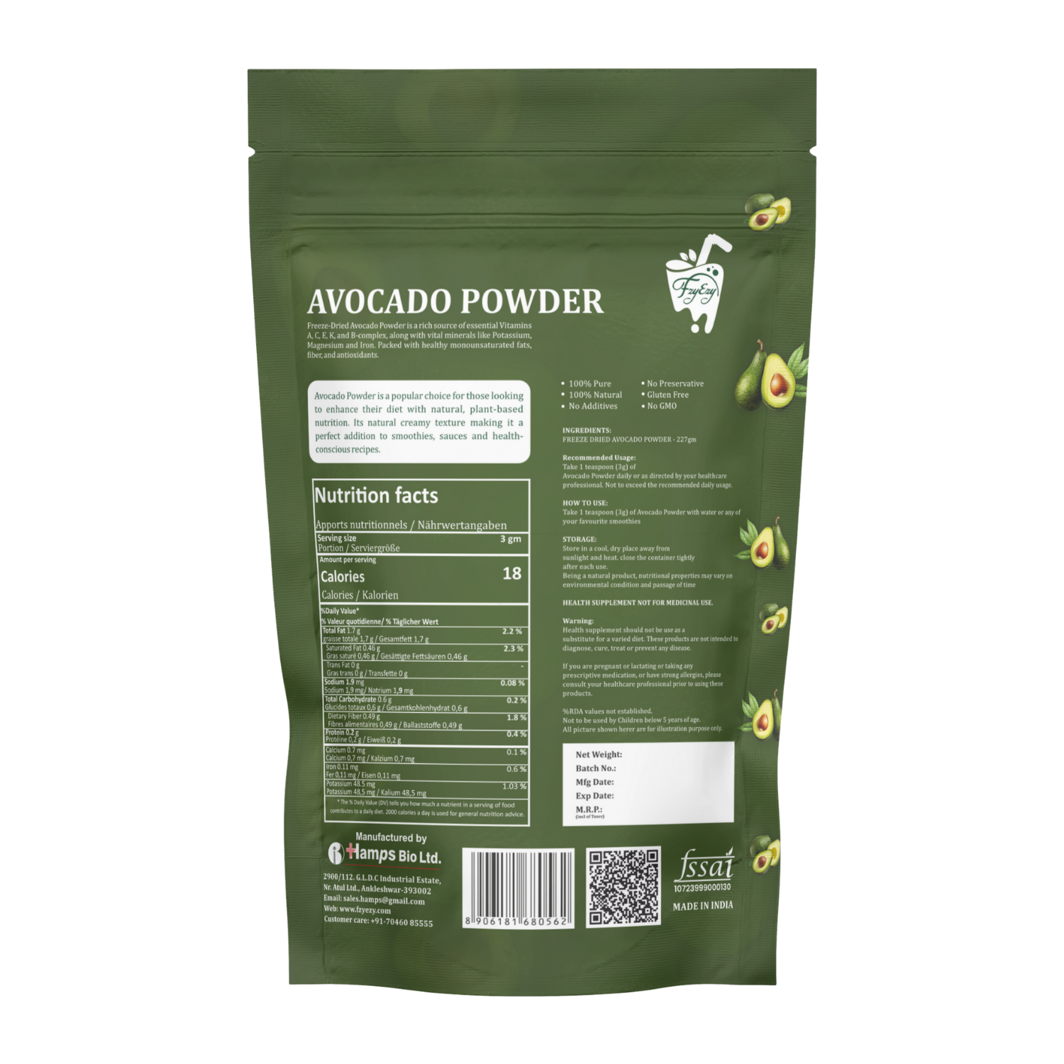 FzyEzy Freeze-Dried Avocado Powder – 100% Natural, Non-GMO, Vegan, Gluten-Free Superfood | Healthy Fats & Fiber | Smoothies, Baking & Skincare | No Additives | 227g - Image 2