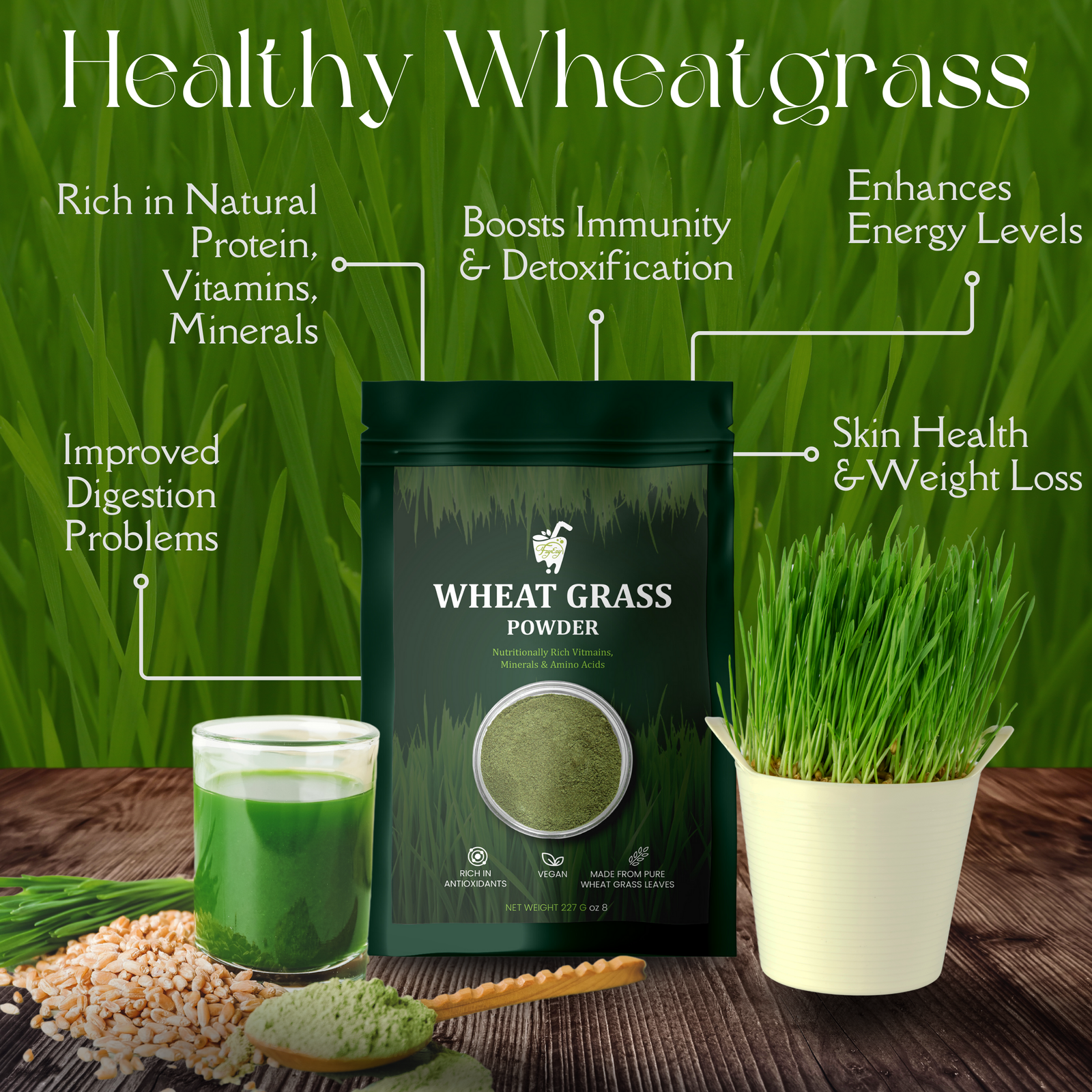 FzyEzy Natural Wheatgrass Powder | 100% Pure, Natural, Non-GMO, Raw & Vegan Superfood | Rich in Vitamins, Minerals, Chlorophyll, Amino Acids, Antioxidants | Ready to Mix in your favorite Recipes | 227g - Image 2