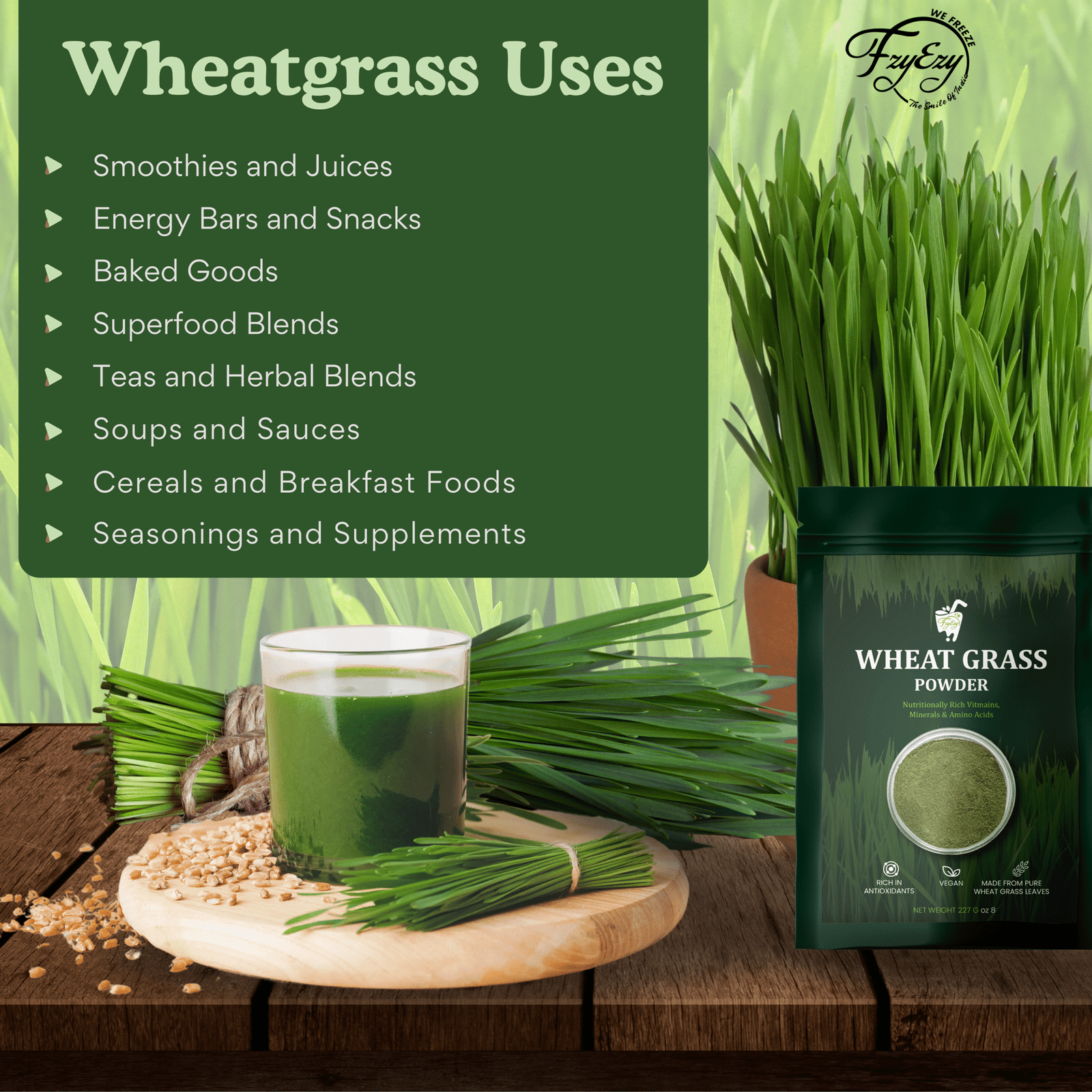 FzyEzy Natural Wheatgrass Powder | 100% Pure, Natural, Non-GMO, Raw & Vegan Superfood | Rich in Vitamins, Minerals, Chlorophyll, Amino Acids, Antioxidants | Ready to Mix in your favorite Recipes | 227g - Image 4